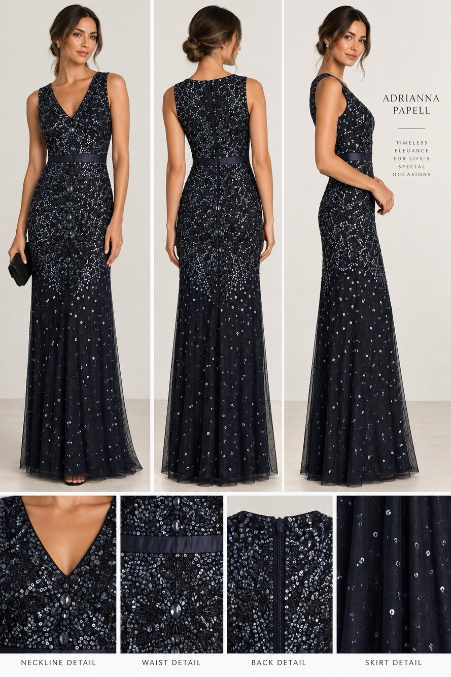 Adrianna Papell Sleeveless Beaded Dress Size 2 Navy Blue